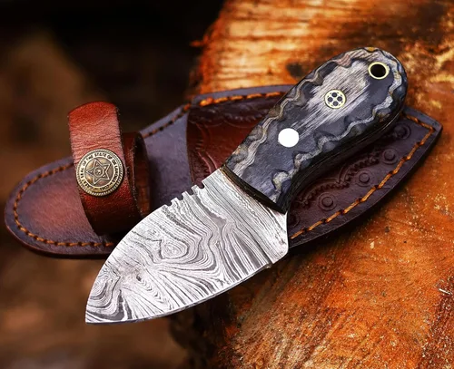Miniatura 5 de ANCILLA Cuchillo de caza de Damasco hecho a mano EDC para ciervo, hoja fija de espiga completa, mini cuchillo de cuello de vaquero de bolsillo