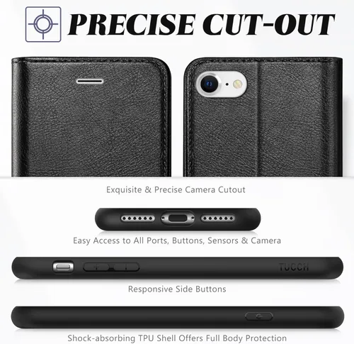 Miniatura 8 de TUCCH Funda tipo cartera para iPhone SE 2022/SE 2020/iPhone 8/7, tarjetero con función atril de piel sintética, magnética, funda protectora de Negro