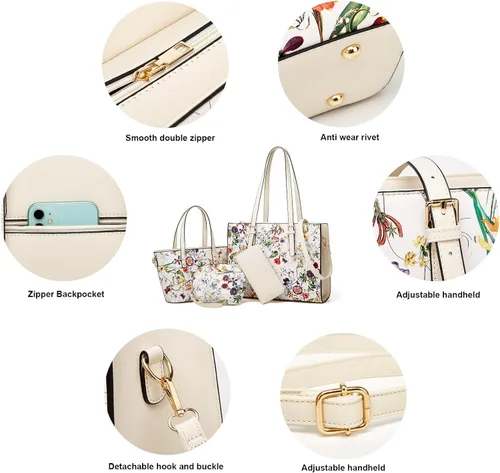 Miniatura 68 de Juego de 4 bolsas modernos para mujer de cuero sintético: bolso tote, bolso de hombro, bolso de mano y cartera.
