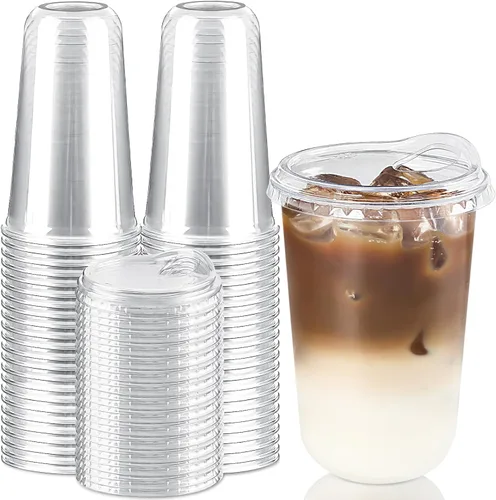 Miniatura 8 de Vasos de plástico transparente de 12 onzas con tapas para sorber sin pajilla, paquete de 50 vasos desechables para café helado con fondo redondo