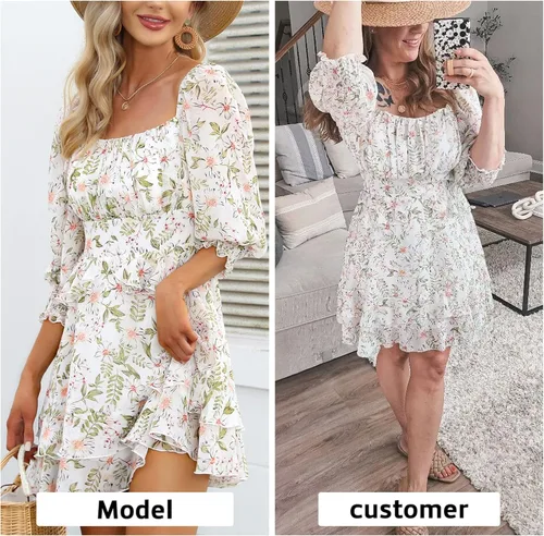 Miniatura 2 de EXLURA - Vestido corto de verano para mujer vestido con estampado floral diseño escalonado con volantes cuello cuadrado manga larga y hombros
