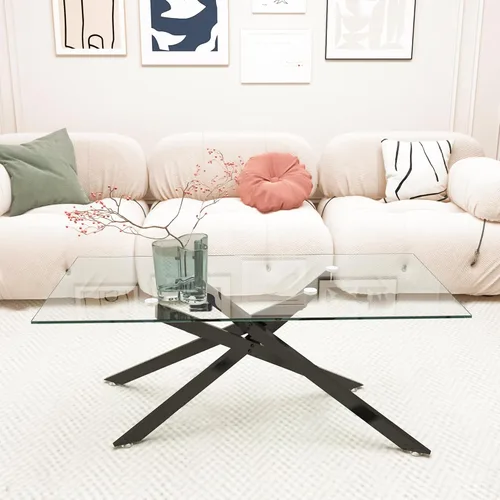 Miniatura 3 de Mesa de centro de cristal para sala de estar, moderna rectangular con parte superior de vidrio templado transparente y patas de metal, mesas de Negro
