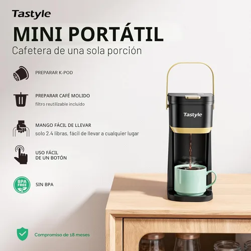 Miniatura 2 de Tastyle Cafetera de Una Sola Porción de Una Taza, para Cápsulas K y Café Molido, Mini Cafetera con Mango Portátil, Tamaño de Preparación de 6 a 12