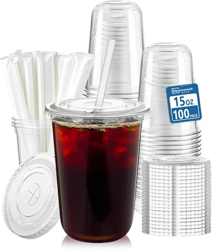 Miniatura 8 de Homestockplus Paquete de 100 vasos de plástico transparente de 12 onzas sin BPA con tapas y popotes, vasos desechables para sorbetes a prueba