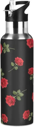 Red Roses Green Leaves Black Insulated Water Bottle 20 Oz Leakproof Water Bottles, BPA-Free Sports Water Bottle with Straw