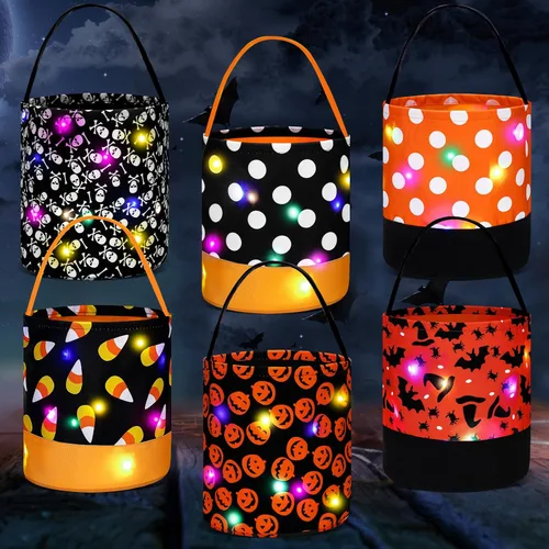 Teling 6 bolsas de dulces de calabaza iluminadas para Halloween, cestas de regalo reutilizables para fiestas de cumpleaños (9 x 9.8 pulgadas,