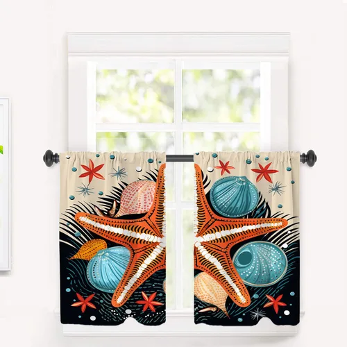 Miniatura 24 de Cortinas de cocina de hojas de arce otoñales para ventanas, hojas verdes y rojas sobre cenefas opacas negras, tratamientos de ventana de poliéster