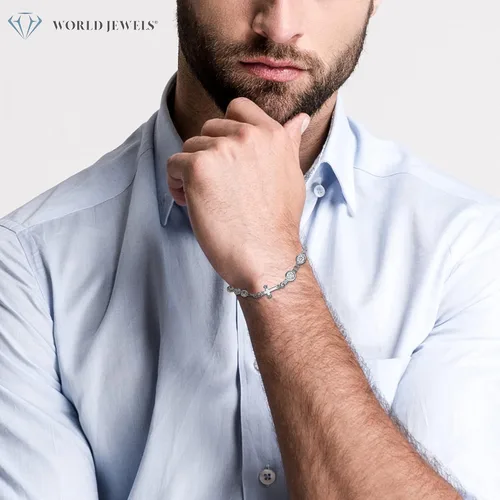 Miniatura 3 de World Jewels Pulsera de plata de ley 925 con dije italiano de San Benito pulseras ajustables para mujeres y adolescentes pulsera de cruz piedras