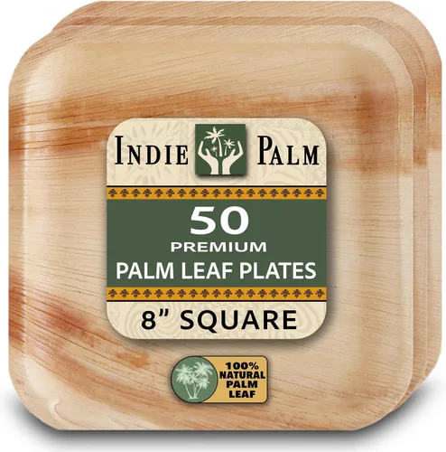 Indie Palm Platos desechables de hoja de palma, paquete de 50 unidades, cuadrados de 8 pulgadas, resistentes, 100% compostables y biodegradables,