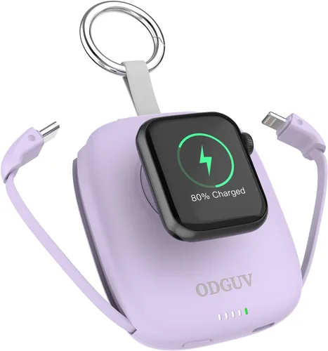 Cargador portátil pequeño de 5000 mAh, cargador inalámbrico iWatch mini banco de energía con cable integrado, cargador de llavero de viaje para