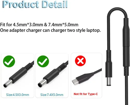 Miniatura 2 de Cargador para laptop de 65 W compatible con Dell Inspiron 15 14 13 11 16 17 3000 5000 7000 Series 15 3593 3501 3502 3505 5406 5515, Latitude 13 14