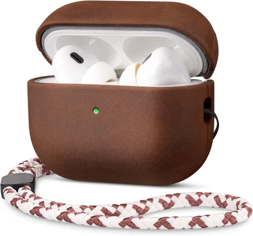 Miniatura 14 de Maogoam Funda de cuero genuino para AirPods Pro 2, botón de sincronización, diseño de clip en D con cordón de mano, funda de cuero encerado