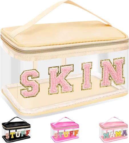 Miniatura 12 de izuzta Bolsas de maquillaje transparentes con letras de chenilla, bolsa de maquillaje de parche preppy con asa