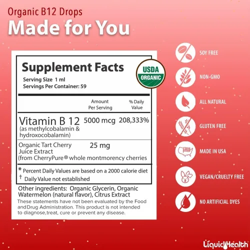 Miniatura 5 de LIQUIDHEALTH USDA Orgánico Gotas Líquidas de Vitamina B12 Metil Metilcobalamina con Jugo de Cereza Agria - Aumenta la Energía, Apoyo Inmunológico