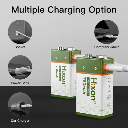 Miniatura 8 de Hixon Baterías de litio recargables USB de 9 V, baterías de iones de litio de larga duración de 760 mAh de 9 voltios con cable de carga tipo C