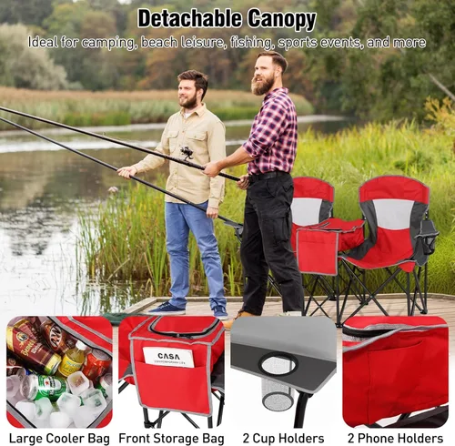 Miniatura 5 de S AFSTAR Silla de camping con toldo, silla de playa plegable para 2 personas con portavasos, cortinas de sombreado de 3 lados y bolsa enfriadora