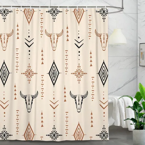 Cortina de ducha con diseño de calavera de toro occidental, color beige, patrón geométrico bohemio de vaca del suroeste, cortina de baño con