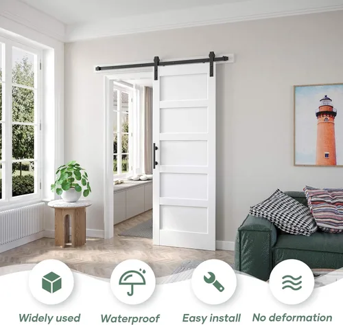Miniatura 2 de Fredbeck Puerta de granero blanca de 30 x 84 pulgadas con kit de herrajes para puerta corredera de 5.5 pies incluido y asa, sólida, MDF, superficie