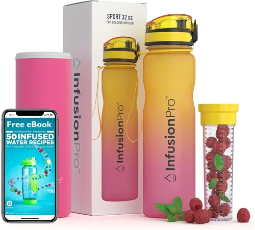Miniatura 4 de Infusion Pro Botella de agua con infusor de frutas de 32 onzas con marcador de tiempo - Tapa superior abatible con cierre, funda aislada y libro Surf