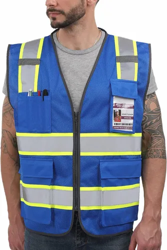 Dib Safety Chaleco de malla reflectante de alta visibilidad en dos tonos con bolsillos y cremallera, malla azul con ribete amarillo, L Azul (Blue