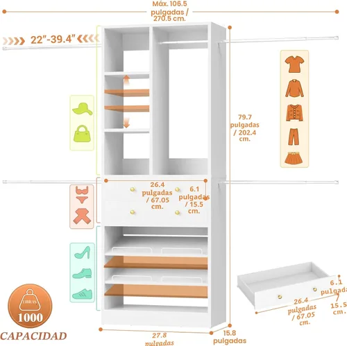Miniatura 3 de Besiost Sistema de Armario, Organizador de Armario de 4.2 a 8.8 Pies con 2 Cajones y Estantes de Madera, Sistema de Vestidor con 5 Varillas