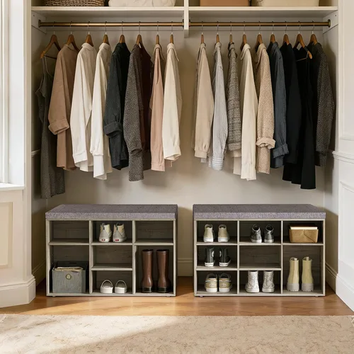 Miniatura 8 de DINZI LVJ Banco para zapatos, organizador de zapatos de 9 compartimentos para entrada, banco de almacenamiento con cojín, estante para zapatos