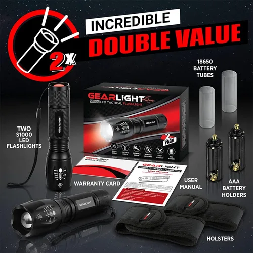 Miniatura 2 de Linterna de mano LED táctica GearLight S1000, 2 unidades, alto lúmen, capacidad de zoom, 5 modos, resistente al agua, la mejor para camping, aire