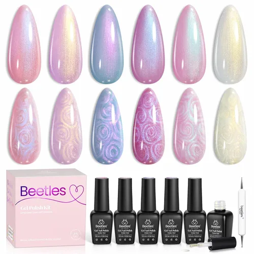 Miniatura 19 de Beetles - Juego de esmalte de uñas de gel de 6 colores, ojo de gato plateado, gel transparente rojo, rosa, amarillo, verde, negro, con efecto