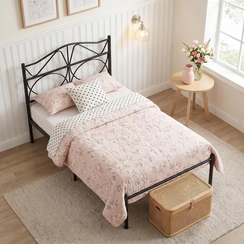 Miniatura 5 de VECELO Base de cama de plataforma de metal tamaño individual con cabecera y estribo, base de colchón de soporte de listones resistentes, no necesita