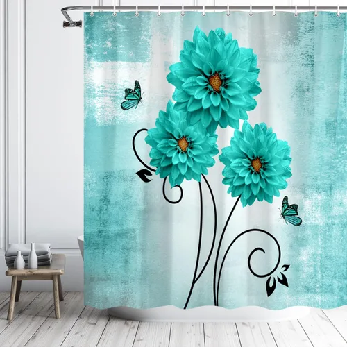 Miniatura 6 de Cortina de ducha con diseño floral, flores de dalia amarillas y mariposas, cortinas de ducha para baño, juego de cortina de ducha rústica