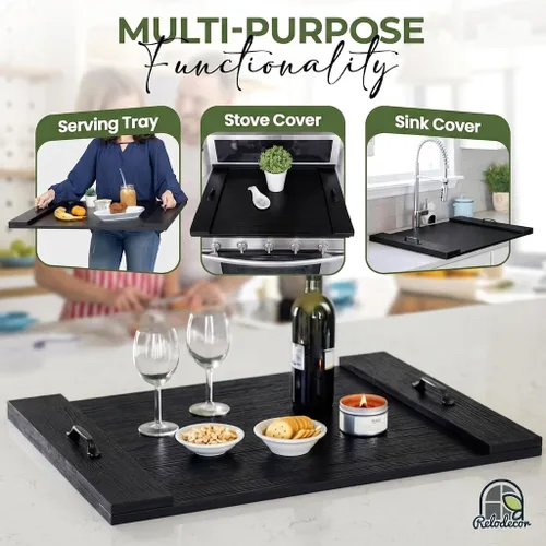 Miniatura 3 de Cubierta para estufa de tabla de fideos con asas, cubierta superior de estufa eléctrica y de gas de madera rústica, decoración de cocina de granja
