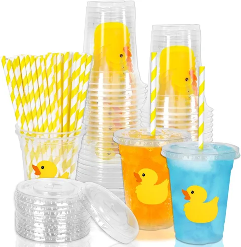 Miniatura 10 de Whaline 50 vasos de plástico desechables patrióticos de 12 onzas con tapas y pajitas con la bandera estadounidense del 4 de julio, vasos