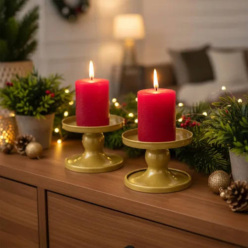 Miniatura 6 de Portavelas de mesa dorados, juego de 2, soporte reversible de metal para velas de pilar y velas cónicas, elegante bandeja para velas de mesa