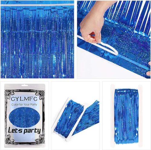 Miniatura 4 de Cortina metálica con franjas de aluminio de telón de fondo con 2 paquetes de cortinas, para fiesta láser, de 3 x 8 pies, de CYLMFC, para decoración
