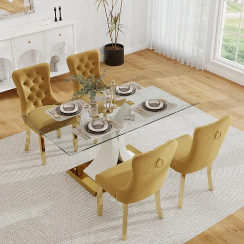 Miniatura 17 de Moderno juego de comedor de cristal de lujo para 6, 63 pulgadas, juego de vajilla rectangular minimalista grande para 6, juego de mesa de cocina