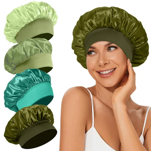 Miniatura 23 de 4 piezas de gorro de satén de seda, gorro de cabello para dormir, gorro de seda elástica de banda ancha para dormir, suave y transpirable