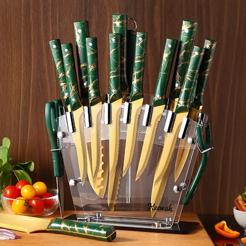 Miniatura 7 de Juego de cuchillos Keewah, juego de 16 piezas de cuchillos de cocina con soporte de acrílico, dorado