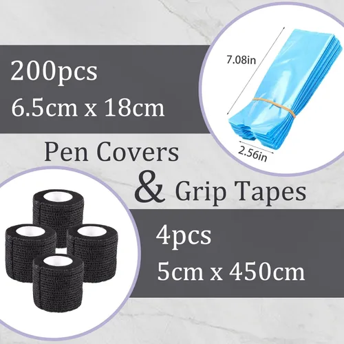Miniatura 3 de Cubierta para máquina de bolígrafo de tatuaje y cintas de agarre, 200 piezas de fundas grandes para bolígrafos, bolsas para máquina y 4 envolturas