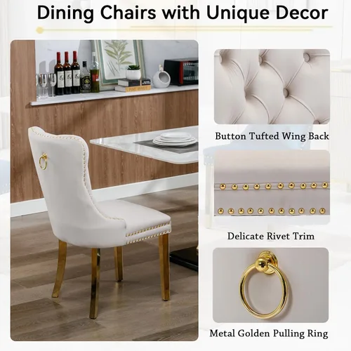 Miniatura 7 de Juego de mesa de comedor de 7 piezas con sillas, mesa de comedor de mármol sintético y sillas beige para 6, juego de mesa de comedor de oro blanco
