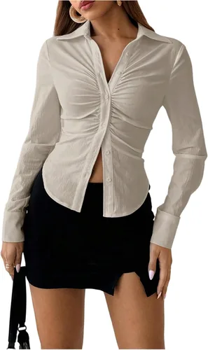 Miniatura 9 de SOLY HUX - Blusas de manga larga con botones y fruncidos para mujer, camisas de ajuste delgado, tops estéticos