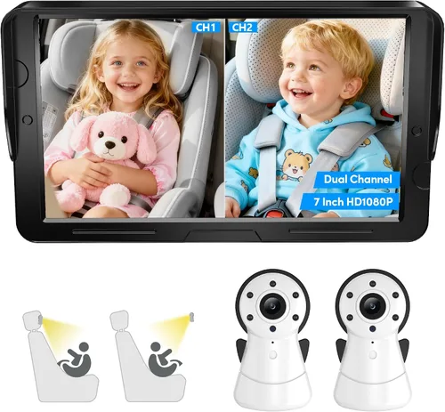 Cámara de Coche para Bebés de 2 Niños con Monitor Dual – Pantalla de 7 Pulgadas con Dos Cámaras de Asiento de Coche Orientadas hacia Atrás, Visión