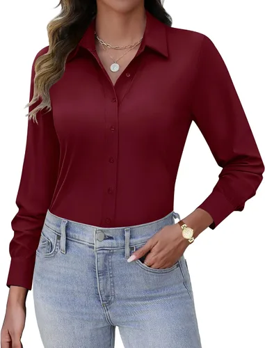Miniatura 9 de HOTOUCH Camisas con botones para mujer, de manga larga, elásticas, sin arrugas, blusas de trabajo, ajustadas, para la oficina