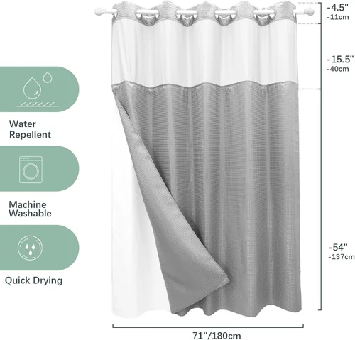 Miniatura 4 de VIUOON Cortina de ducha sin gancho de tejido de sarga con juego de forro de tela a presión, estilo hotelero con ventana superior transparente, tela