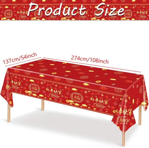 Miniatura 2 de 3 Manteles de Año Nuevo Chino - 54x108 Pulgadas Cubierta de Mesa de Plástico Desechable Roja y Dorada con Linternas, Estampado de Petardos