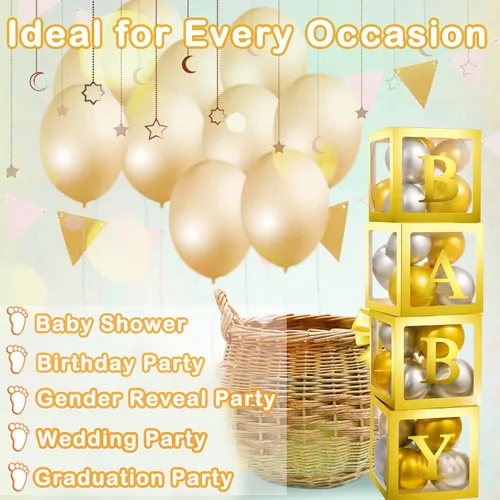 Miniatura 6 de Cajas de bebé con letras para baby shower, 4 cajas de globos transparentes con 60 letras para decoraciones de revelación de género, bloques de bebé