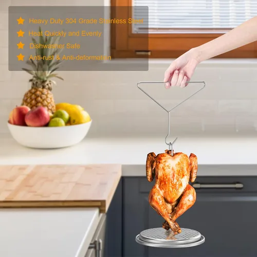 Miniatura 3 de Kit de accesorios para freidora de pollo de pavo, soporte para pollo con gancho elevador de mango de alambre cromado, estante vertical para asar