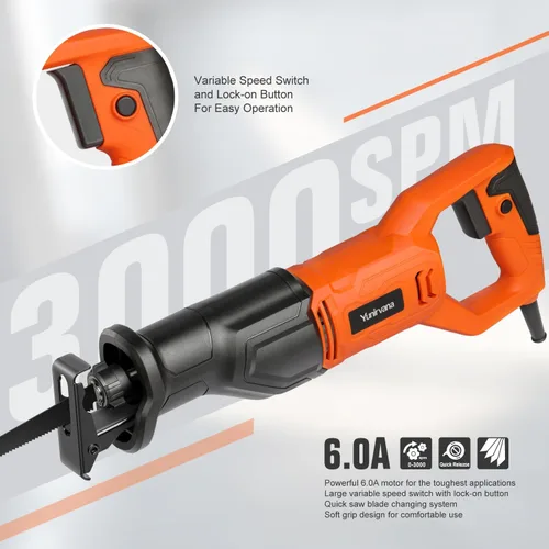 Miniatura 2 de Yunirvana Sierra recíproca de 120 V, sierra recíproca con cable de velocidad variable de 6.0 amperios con longitud de carrera de 4/5 pulgadas, 3000
