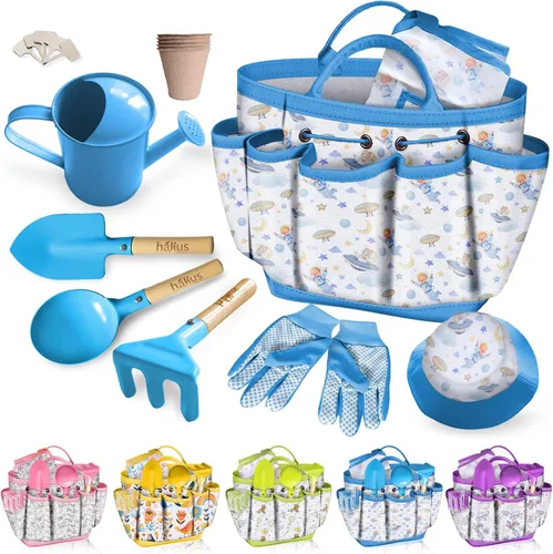 Juego de herramientas de jardinería para niños 18 piezas, juego de jardinería para niños y niñas que incluye bolsa de mano, regadera, delantal,