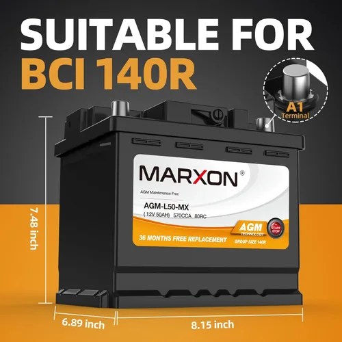 Miniatura 2 de Batería de coche Marxon Group 140R 12v 50AH 570CCA H4 AGM, baterías libres de mantenimiento, automotriz, de arranque/parada, reemplazo, batería LN1
