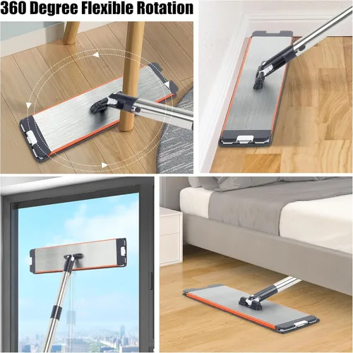 Miniatura 6 de Juego de trapeador giratorio de doble cubo de 16 pulgadas, sistema de escurrir manos libres, trapeador plano giratorio de 360° con agua limpia